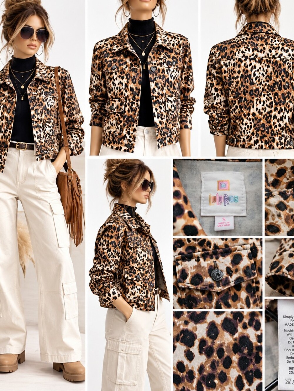 LuLaRoe Leopard Print Bomber Jacket - Brown, Black, Cream